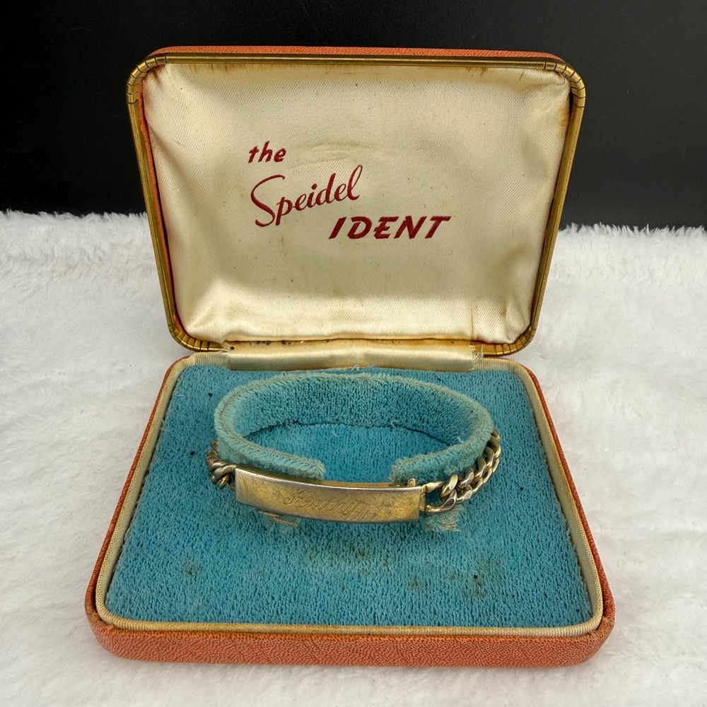 Vintage Speidel ID Bracelet Gold Tone Kathy Engraved Curb Chain 6.5in Box READ